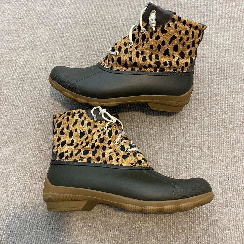 Sperry Duck Boots Womens Size‎ 8 Brown Leopard Waterproof Ankle Zip STS86757